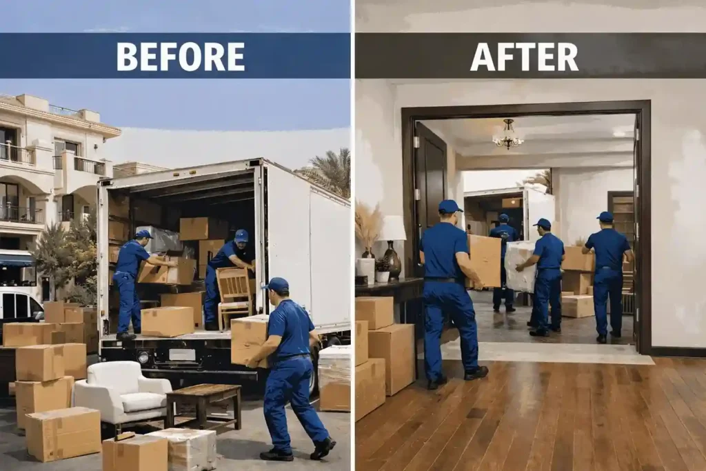 Gallery 3 UAE Movers before and after house move showing team loading truck and safely unloading boxes inside new home.